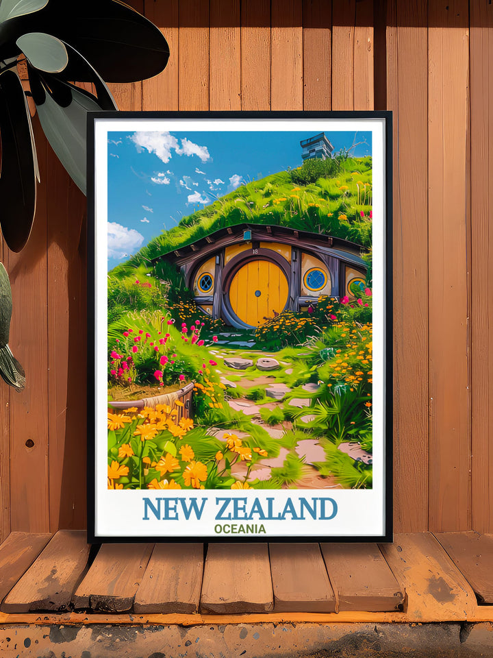 Stunning vintage travel poster showcasing the breathtaking scenery of Akaroa Lighthouse and the lush green landscapes of the Hobbiton Movie Set ideal for wall art enthusiasts and anyone looking to bring New Zealands beauty into their living space.