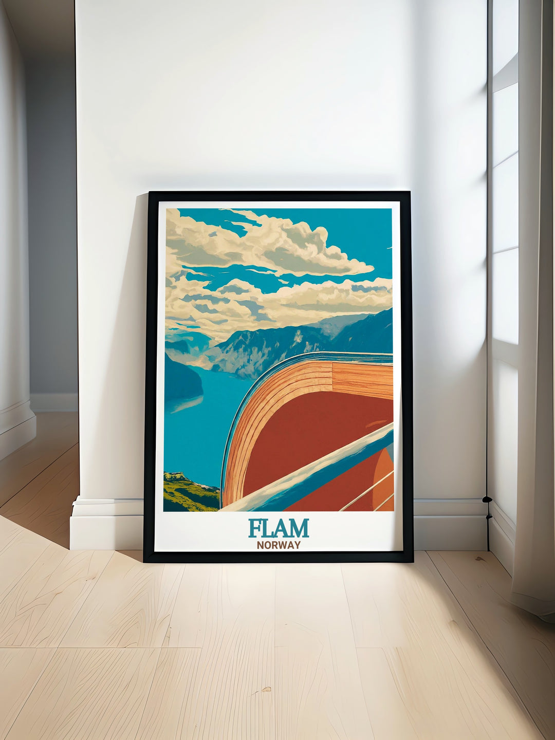 This Flam travel print celebrates the serene beauty of Stegastein Viewpoint, with its unparalleled views over the fjords. A perfect addition to Scandinavian inspired decor, this print offers a glimpse into Norways untouched wilderness.