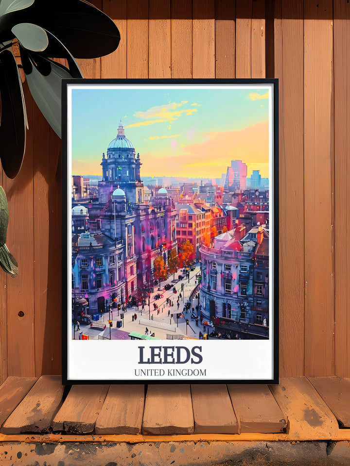 Vibrant Leeds Corn Exchange and Briggate High Street poster ideal for decorating your home or office. This England print offers a glimpse into the lively streets of Leeds and makes a thoughtful gift for England travel enthusiasts.