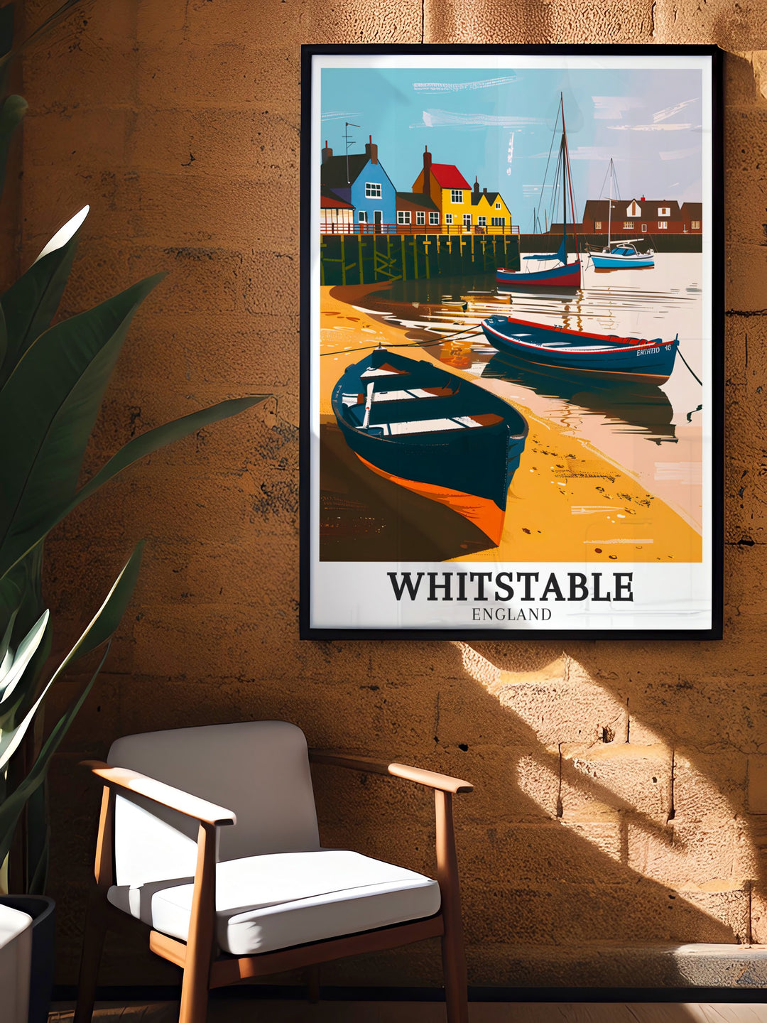 Travel poster of Whitstable Harbour highlighting its historic significance and bustling atmosphere. This artwork showcases the charm of this iconic coastal landmark, making it an ideal addition to any travel art collection.