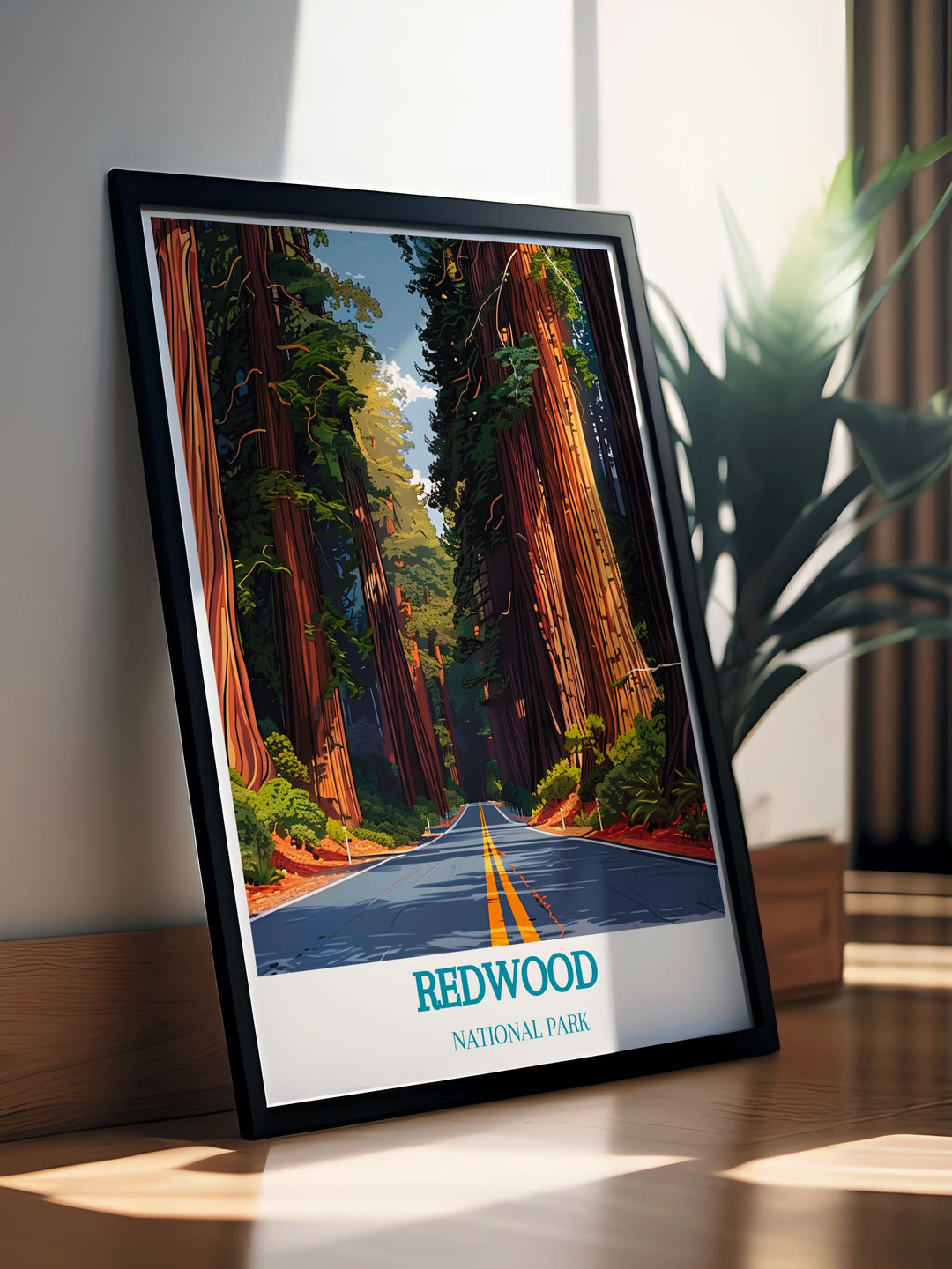 Stunning Avenue of the Giants framed print capturing the serene beauty of Californias towering redwoods for stylish decor