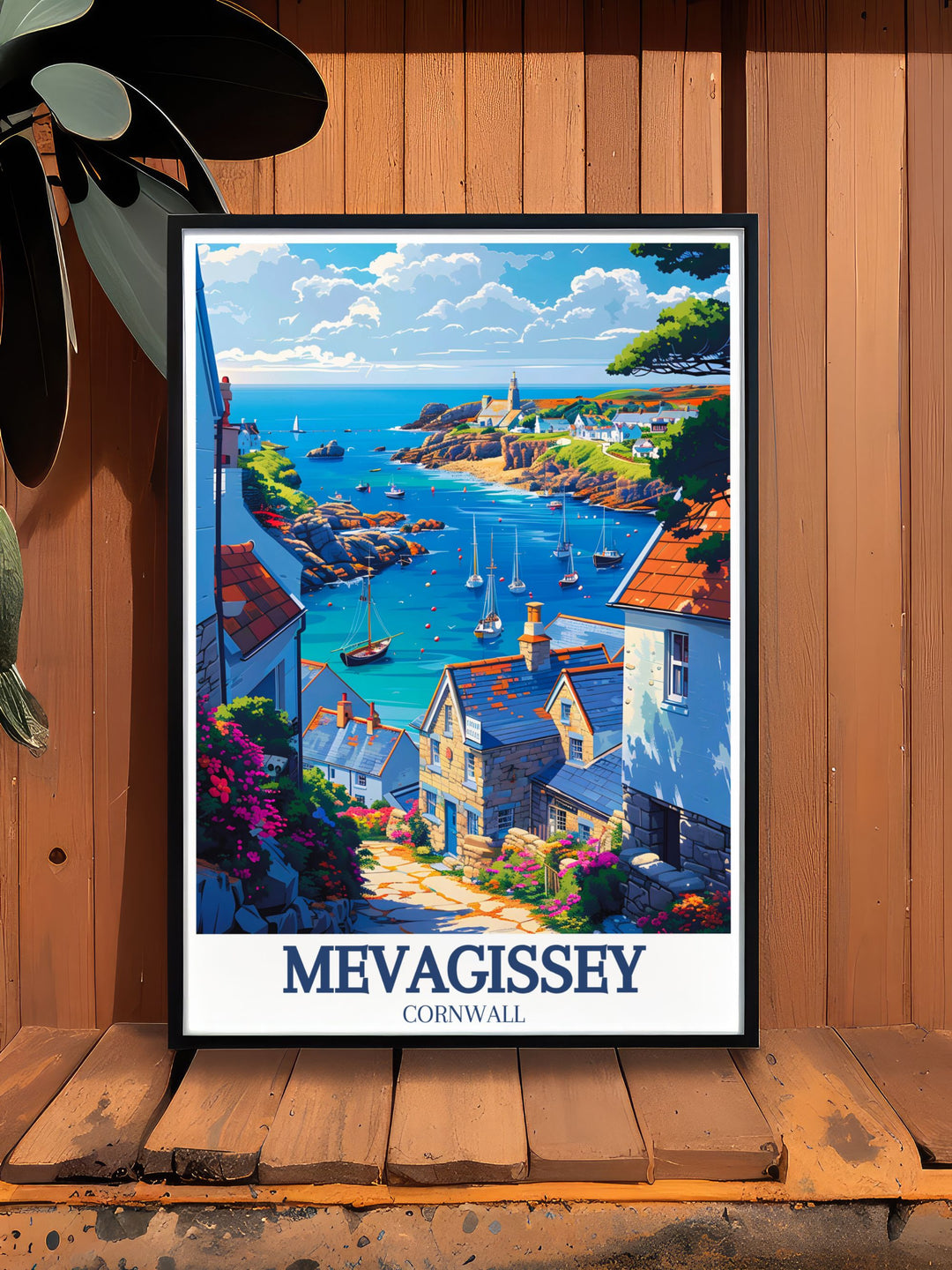 Mevagissey, with its iconic Clock Tower and historic St. Peters Church, is highlighted in this poster. This artwork captures the unique landmarks and scenic beauty of the village, making it a perfect addition to your home decor.