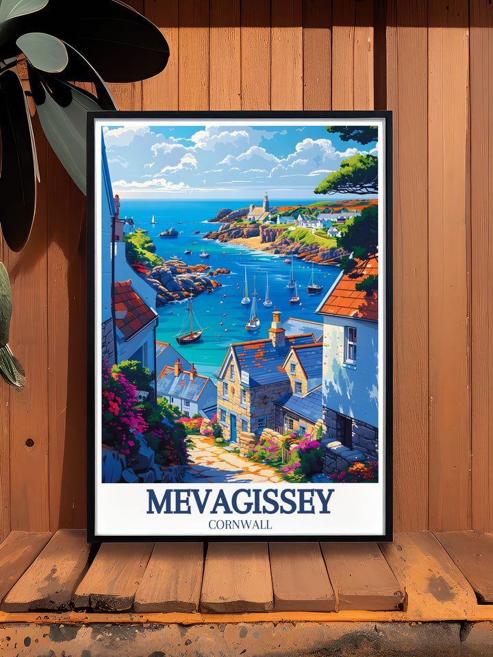 Mevagissey, with its iconic Clock Tower and historic St. Peters Church, is highlighted in this poster. This artwork captures the unique landmarks and scenic beauty of the village, making it a perfect addition to your home decor.