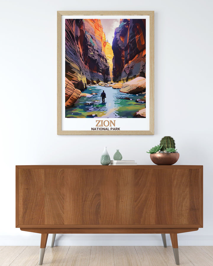 The Narrows wall art print with vivid colors depicting the grandeur of Zion National Park. Perfect for home decor or as a special gift for nature lovers.