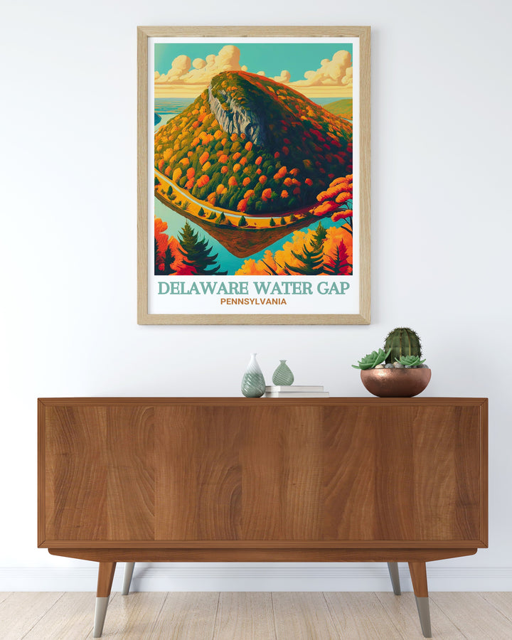 The Delaware Water Gaps impressive cliffs and reflective waters are showcased in this detailed art print. Its a must have piece for those looking to bring the calm beauty of Pennsylvanias wilderness into their home.