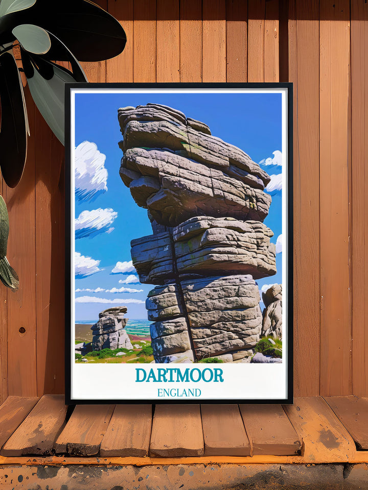 Detailed print of Dartmoor National Park, showcasing the rugged tors and expansive moorland, ideal for nature enthusiasts and those who love the English countryside.