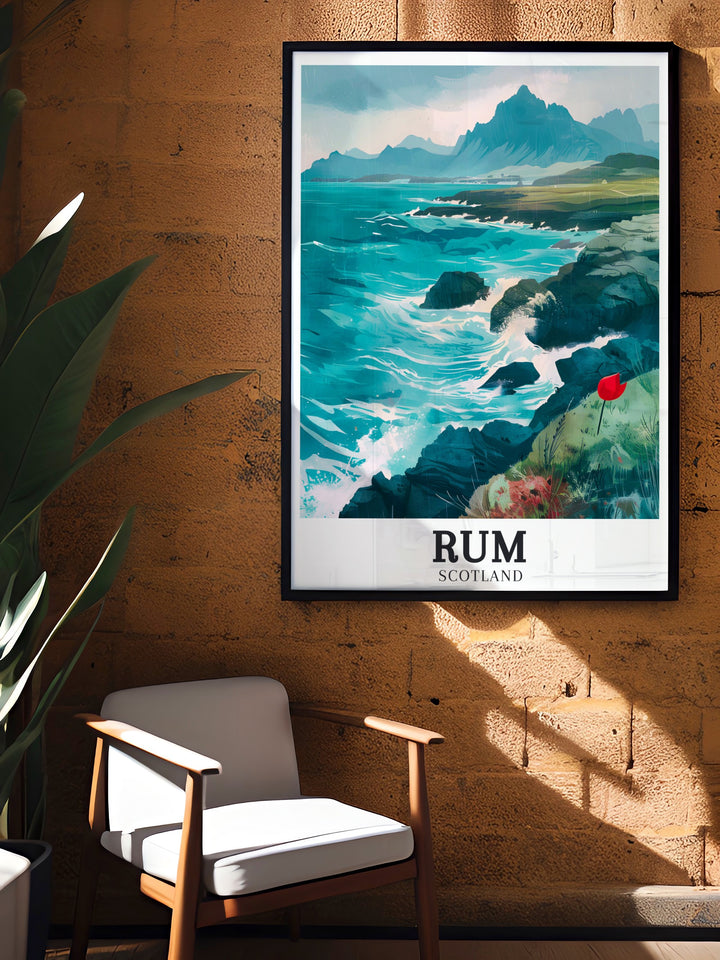 The Isle of Rums dramatic peaks and wild nature are captured in this vintage travel print, celebrating Scotlands natural beauty. This artwork is ideal for those who appreciate the grandeur of untouched landscapes.