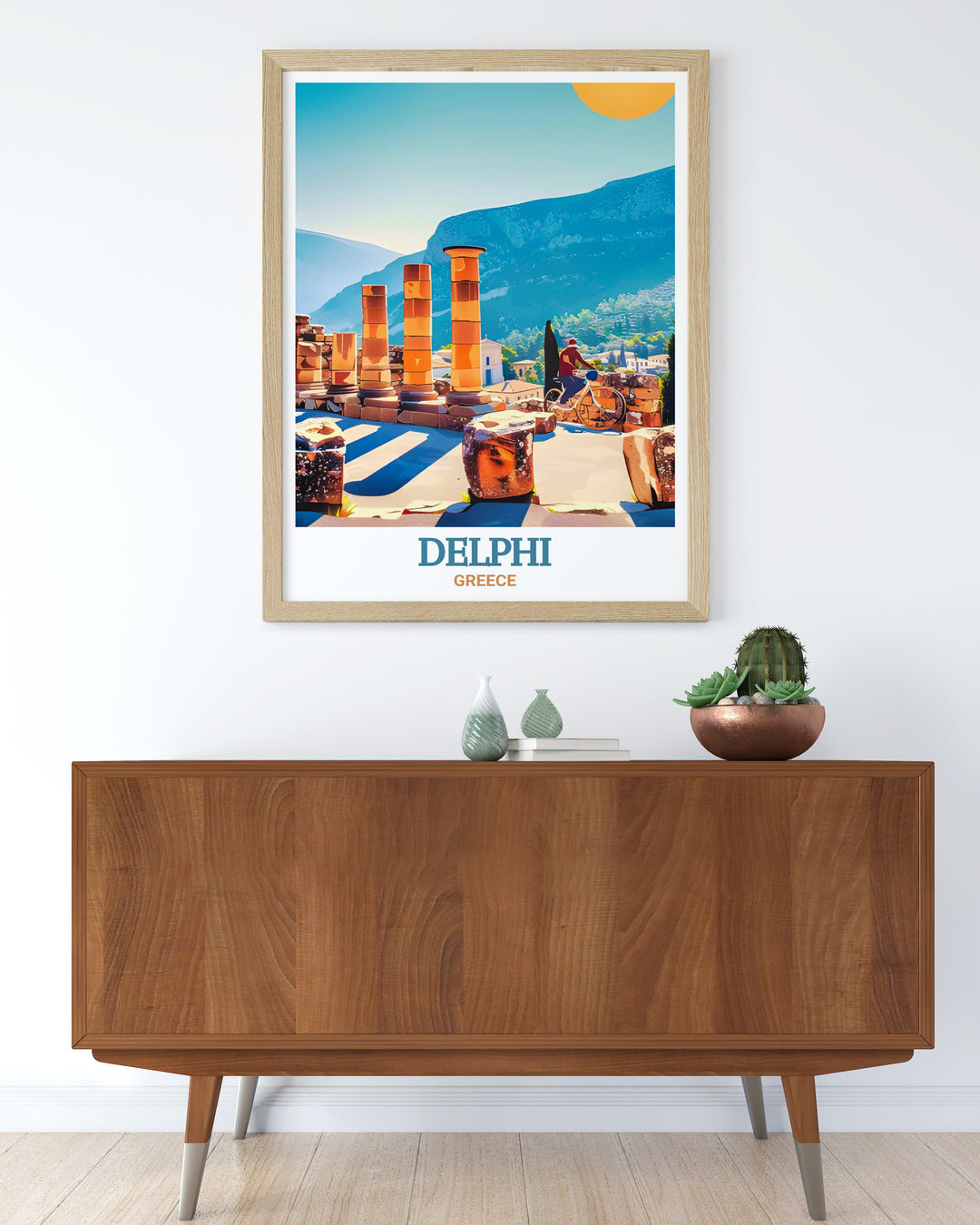 Greece wall art featuring the iconic Temple of Apollo at Delphi, a site steeped in mythology and history. This travel print is a beautiful representation of Greeces cultural heritage, making it a perfect addition to any collection of classical art.