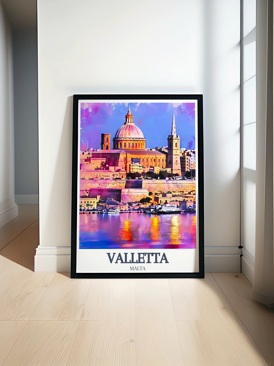 Celebrate the beauty of Malta with this travel print of Valletta, showcasing the grand St. Johns Co Cathedral and the historic Basilica of Our Lady of Mount Carmel. A must have for travelers and art enthusiasts alike.