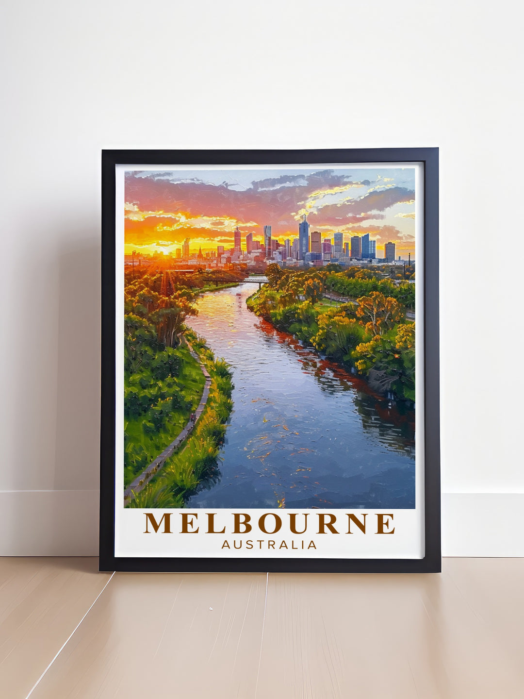 Our Melbourne Poster highlights the iconic Yarra River, surrounded by the citys skyline and lush green spaces. Perfect for those who love urban landscapes and nature, this art print adds elegance and charm to any space.