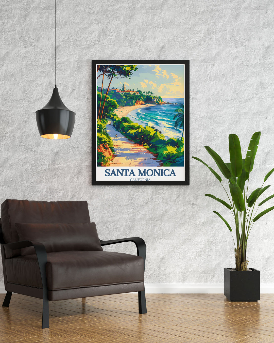 A vibrant Santa Monica poster print featuring the iconic pier, Palisades Park, and Ocean Avenue. This travel inspired wall art showcases the beautiful Southern California coastline, with intricate details of the Santa Monica Piers Ferris wheel and the lush scenery of Palisades Park. Ideal for beach decor.