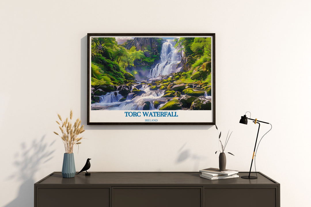 Experience the serene beauty of Torc Waterfall, depicted in this vibrant travel poster with cascading waters and lush green surroundings.