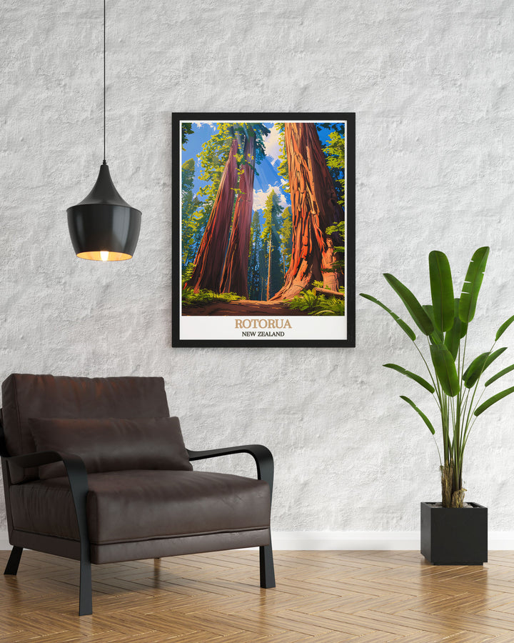 Redwoods Forest poster featuring a detailed and vibrant depiction of the lush forest in Rotorua New Zealand. A must have for anyone who loves travel and natural landscapes. This poster will bring the beauty of the Redwoods Forest into your home or office.