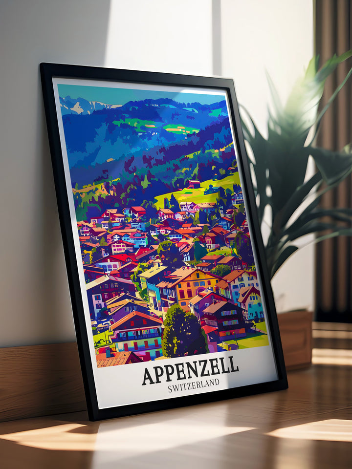 Appenzellerland travel print featuring the lush meadows and towering mountains of northeastern Switzerland. This artwork highlights the serene countryside, perfect for nature lovers and those seeking a peaceful touch to their decor.