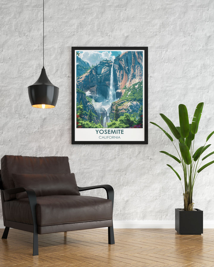 El Capitans massive granite face is depicted in stunning detail in this Yosemite travel poster, bringing the rugged beauty and impressive scale of this natural monolith into your living space.