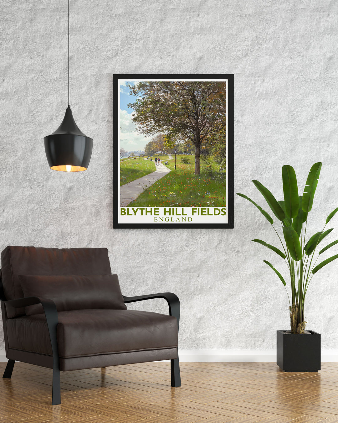 This vibrant travel poster showcases the picturesque walkways and jogging paths of Blythe Hill Fields, perfect for adding a touch of Londons park charm to your walls.
