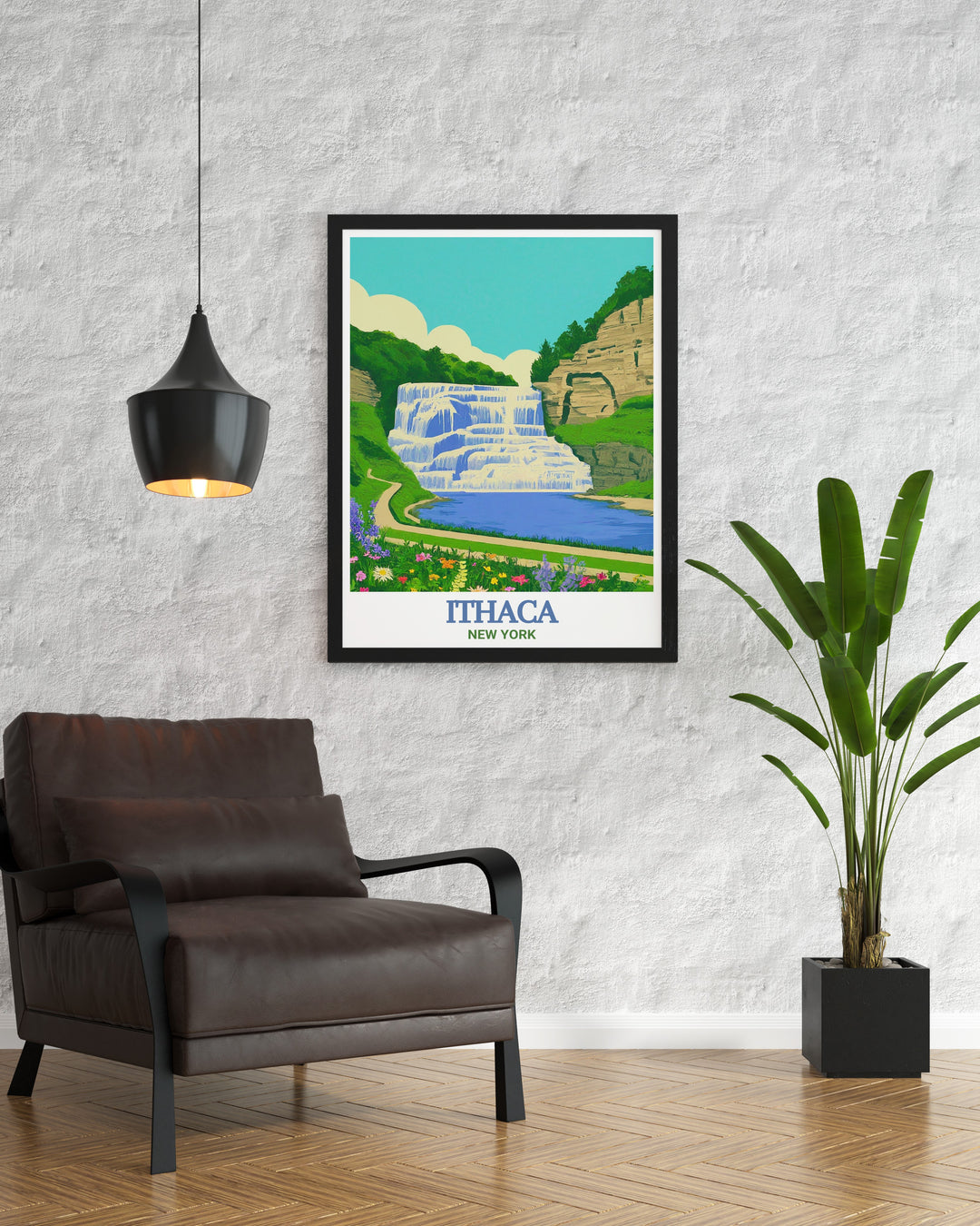 Ithaca Falls art print showcasing the stunning natural beauty of New York State. This vibrant illustration captures the essence of Ithaca Falls, perfect for adding a touch of natures elegance to your home decor. Experience the tranquility of this iconic landmark.