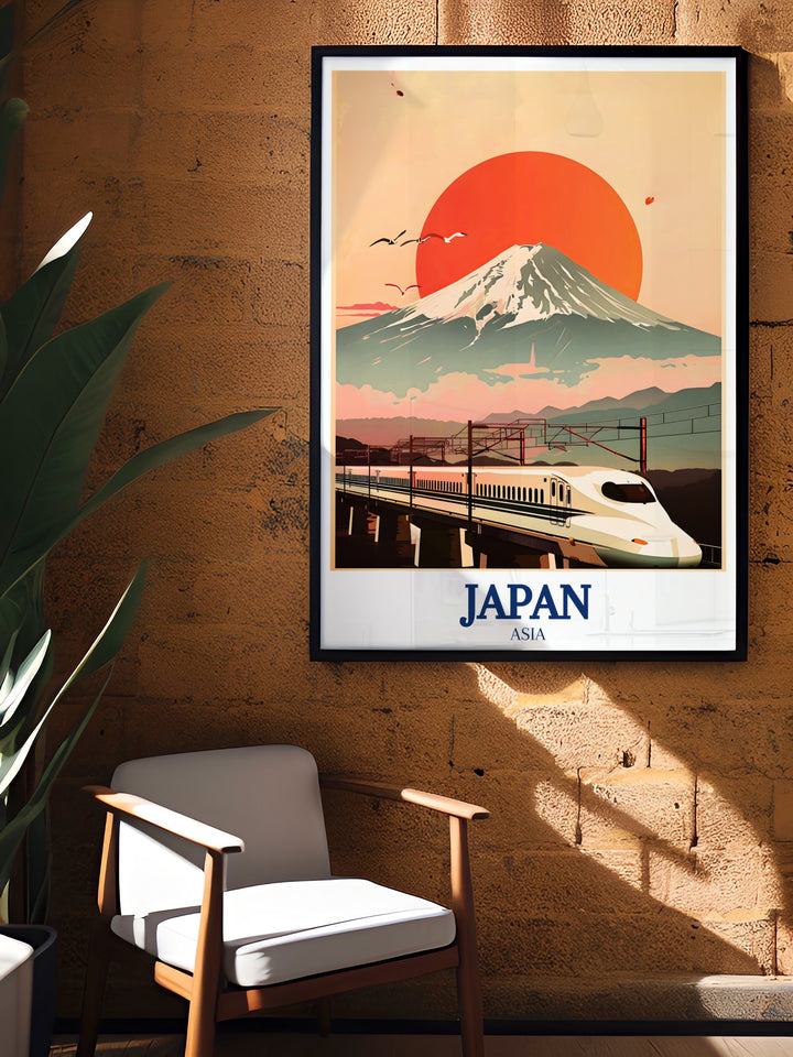 Mount Fuji framed art offering a detailed and serene representation of Japans beloved mountain. This vintage inspired print evokes the timeless beauty of Mount Fuji and makes a stunning centerpiece for any room with its calming tones and intricate details.