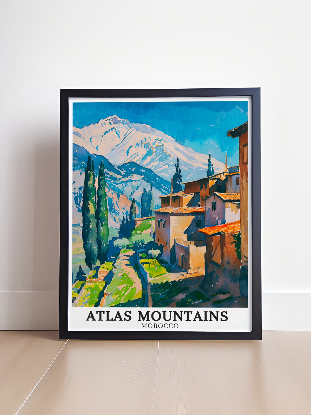 Morocco travel print capturing the beauty of Chefchaouen Blue City and the Rif Mountains with a focus on the timeless traditions of Berber villages Berbers stunning living room décor piece and a bucket list print for lovers of retro travel posters