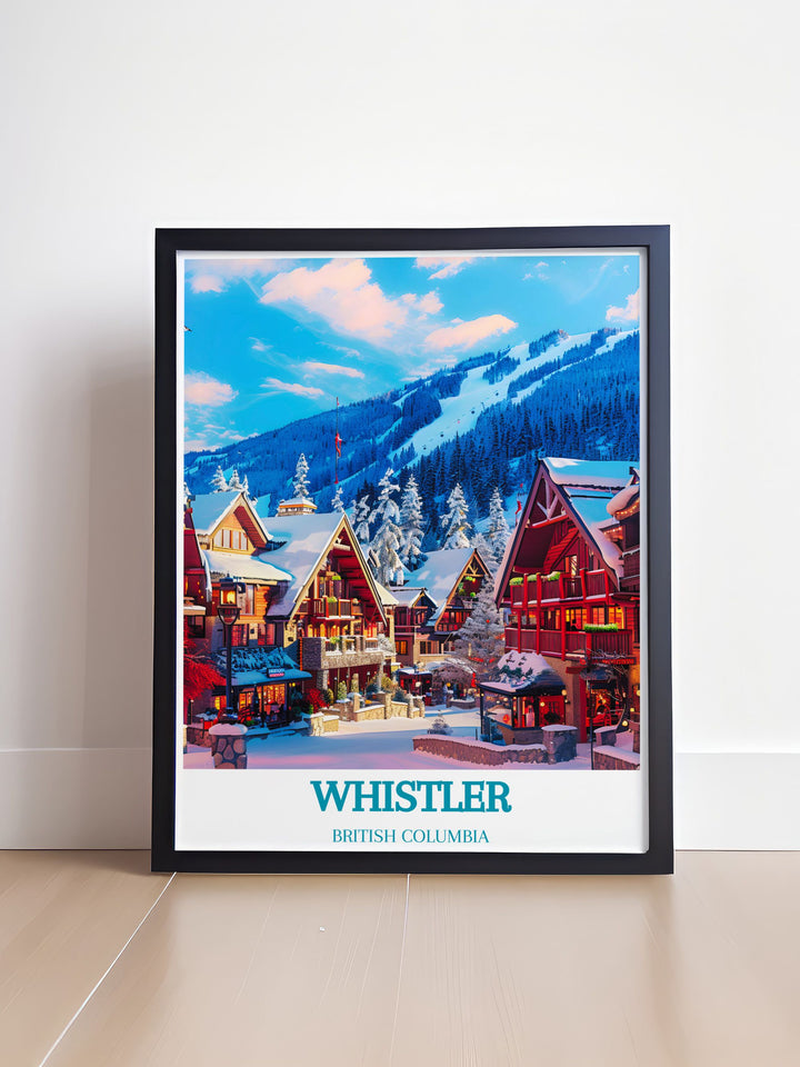Beautiful home decor print capturing the dynamic atmosphere of Whistler Village at the base of Whistler and Blackcomb mountains. This artwork brings the lively ambiance and stunning mountain views into any room, ideal for travel lovers.