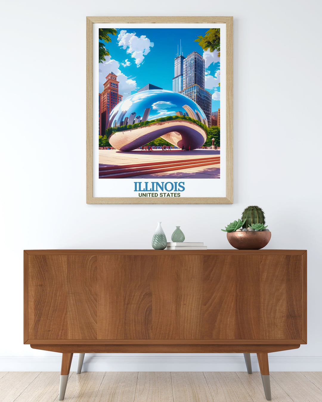 A unique travel poster showcasing the energy of Chicagos cityscape, including Millennium Parks Cloud Gate. The perfect gift for those who love the dynamic and modern feel of city life, this Illinois poster adds character to any space.