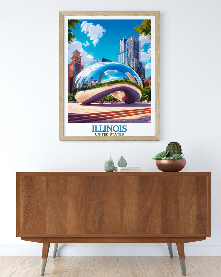 A unique travel poster showcasing the energy of Chicagos cityscape, including Millennium Parks Cloud Gate. The perfect gift for those who love the dynamic and modern feel of city life, this Illinois poster adds character to any space.