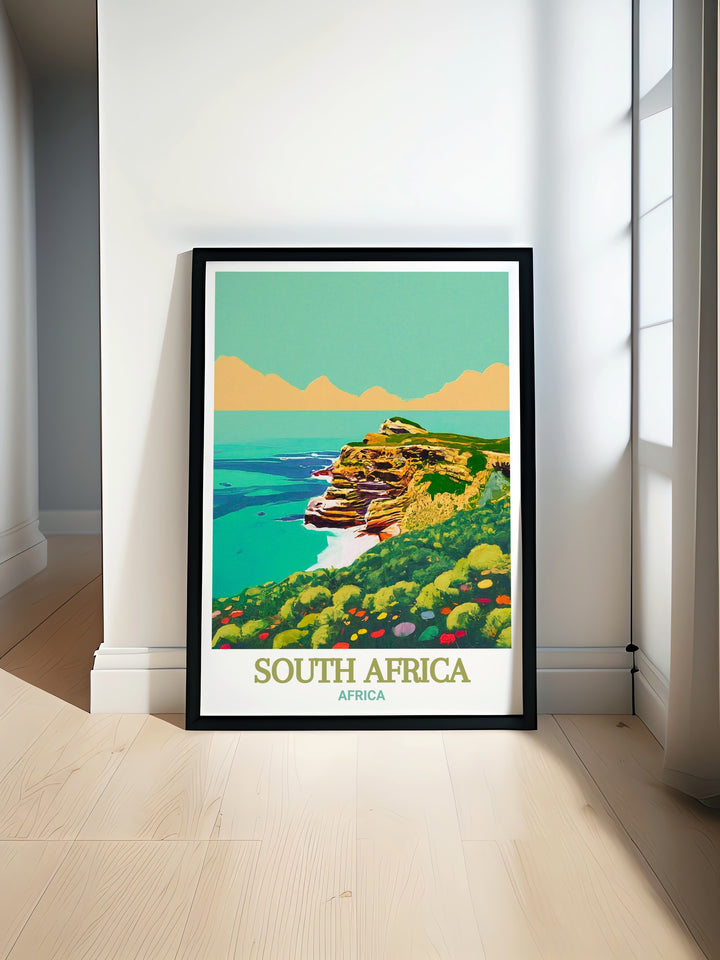 South Africa travel poster featuring the scenic landscapes of Cape of Good Hope, Table Mountain, and Lions Head. This print is a thoughtful gift for nature and adventure enthusiasts, capturing the essence of South Africas most iconic landmarks in vibrant detail.