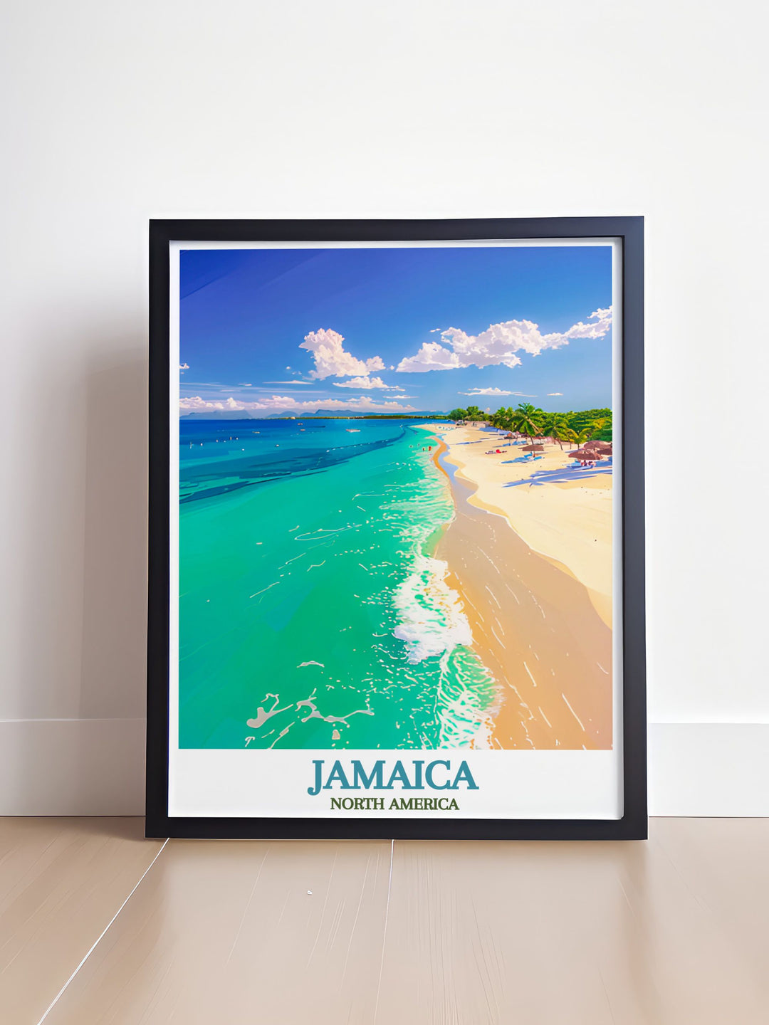 Showcasing Jamaicas iconic Seven Mile Beach, this poster captures the essence of the islands stunning natural beauty and relaxing environment.