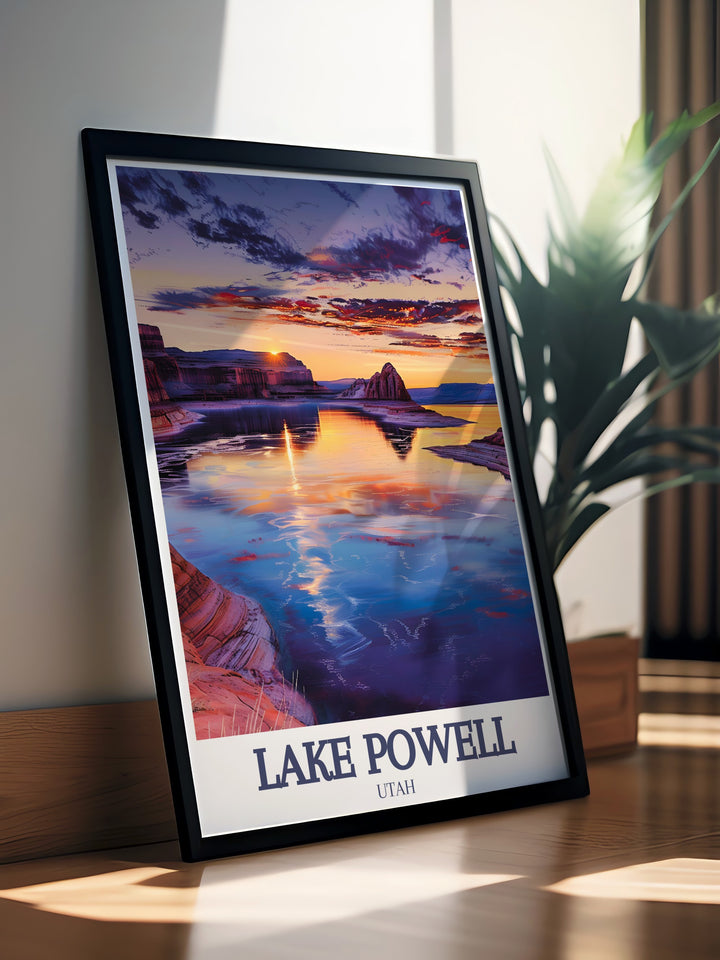 This Lake Powell art print showcases the majestic landscape of Glen Canyon cove and the wide expanse of Padre Bay, offering a tranquil yet adventurous vibe to any room. Perfect for travel enthusiasts and nature lovers.