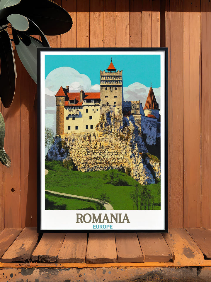 A vintage travel poster of Bran Castle, the iconic Romanian landmark in Transylvania. The poster captures the castles gothic beauty and rich historical significance, making it a standout piece for anyone who appreciates architectural wonders and Eastern European culture.