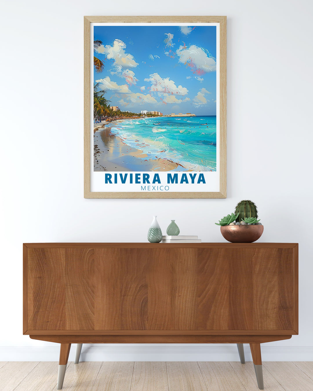 Capture the essence of Playa del Carmen with this Riviera Maya art print. Perfect for adding a tropical feel to your living space, this artwork transports you to the tranquil shores of Mexico.