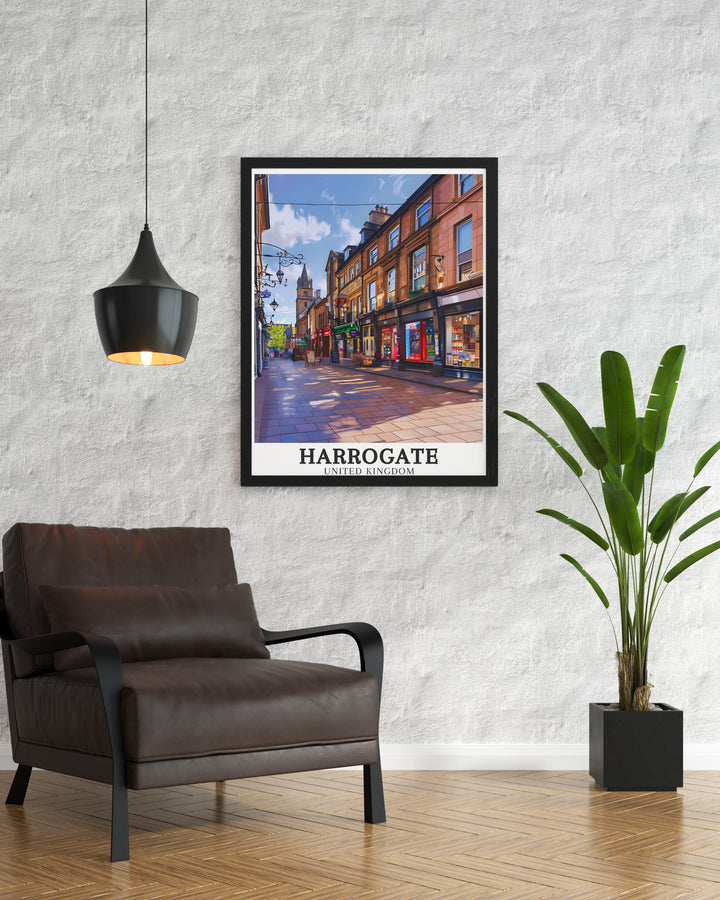 Elegant Harrogate Travel Poster featuring Parliament Street and Montpellier Quarter. Add this beautiful Yorkshire Artwork to your home decor for a touch of classic British charm. Perfect as a gift for fans of Yorkshire and Harrogate.