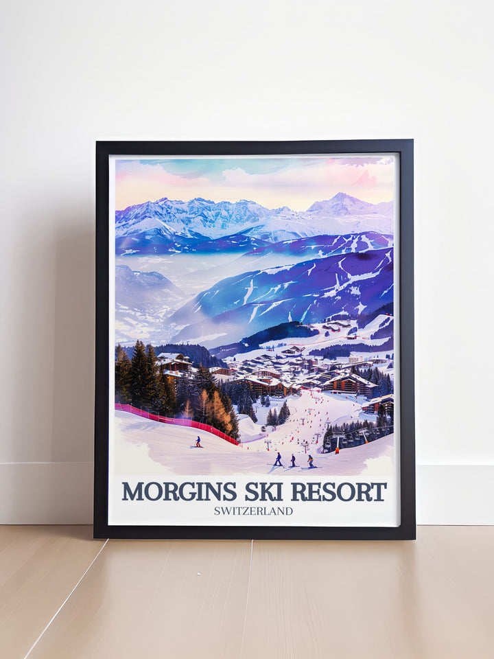 This Morgins Village Canvas Art captures the picturesque beauty of Swiss alpine life. The artwork highlights the quaint chalets of Morgins against the backdrop of the majestic Dents du Midi mountains, making it perfect for anyone who loves scenic Swiss landscapes.