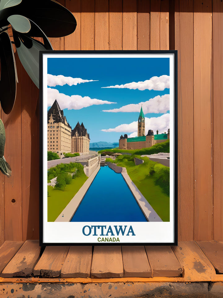 Beautiful Ottawa city Map with Rideau Canal highlighted. This art print is perfect for those who appreciate detailed cartography and the historical significance of Ottawas landscape. Ideal for home decor and educational purposes.