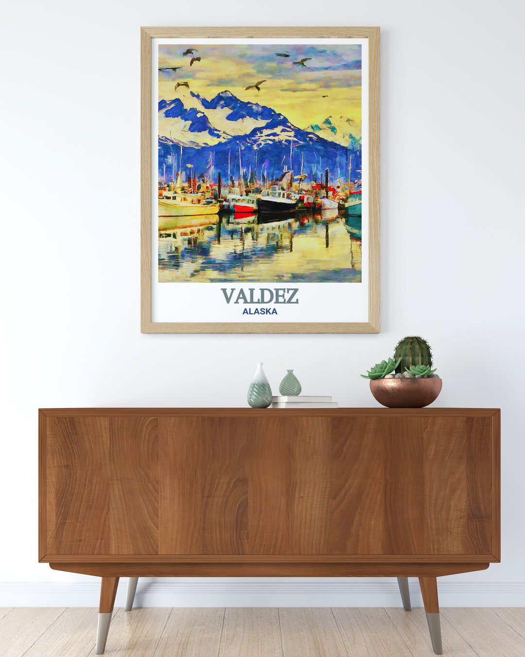 This Alaska canvas art of Valdez Harbor beautifully captures the rugged elegance of the Alaskan landscape. With its soft colors and natural beauty, this print is ideal for home decor or as a thoughtful gift for adventurers who cherish Alaskas wilderness.