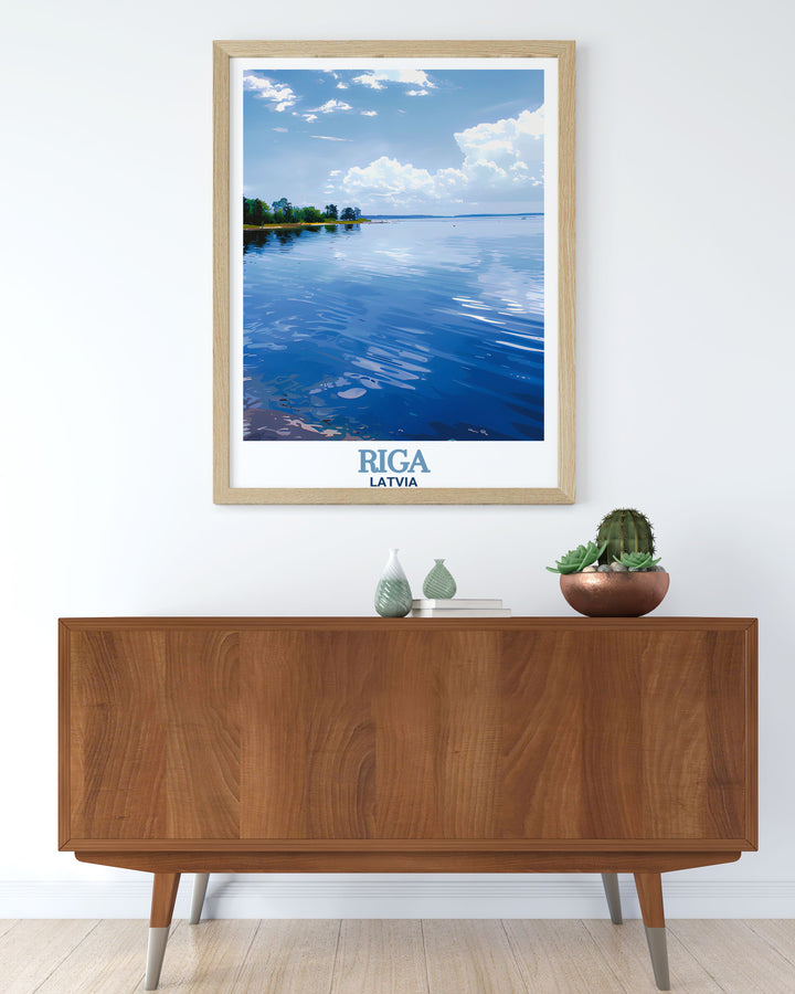 A stunning travel poster featuring Lake Ķīšezers in Riga, Latvia. Perfect for nature lovers and those who enjoy serene landscapes, this artwork brings a touch of Latvias beauty to your home.