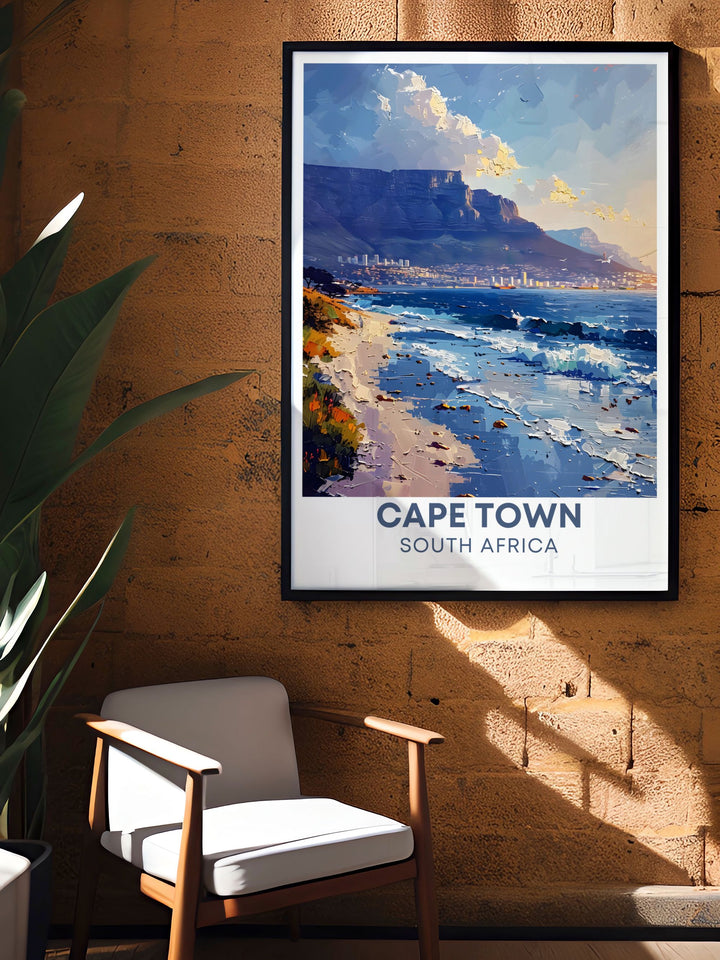 This travel poster captures the iconic Table Mountain and Cape Town, perfect for adding a touch of South Africas natural splendor to your home decor.