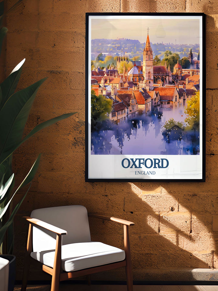 Unique Oxford wall art illustration of All Saints Church and Lincoln College a must have for fans of British travel and elegant living room decor