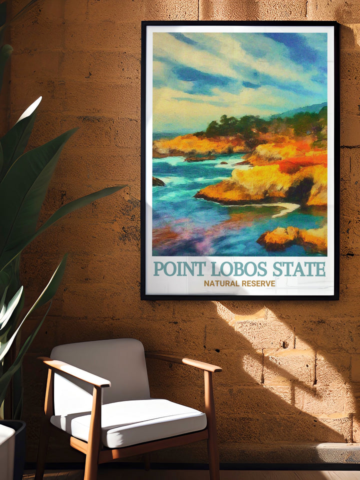 Travel print of China Cove, highlighting the peaceful atmosphere and natural splendor of Point Lobos State Natural Reserve. This artwork is a perfect way to bring the beauty of Californias coastline into your home, creating a serene and tranquil environment.