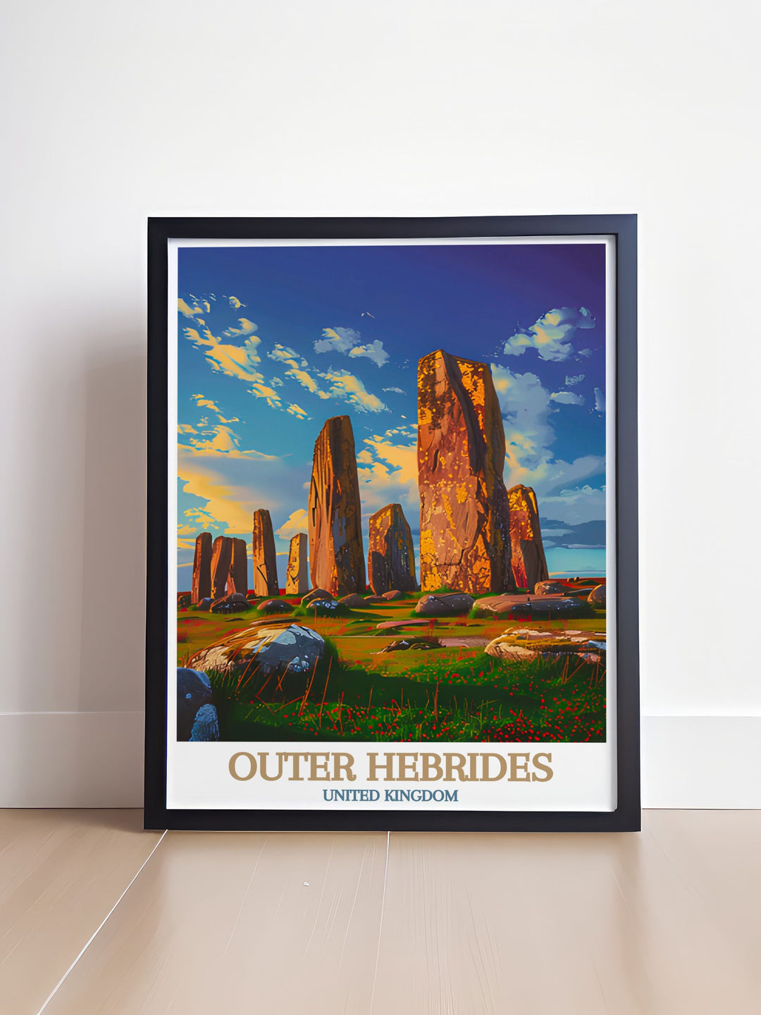 Stunning Scottish travel art including North Uist and Callanish Standing Stones framed print bringing the natural beauty of the Outer Hebrides to your living space