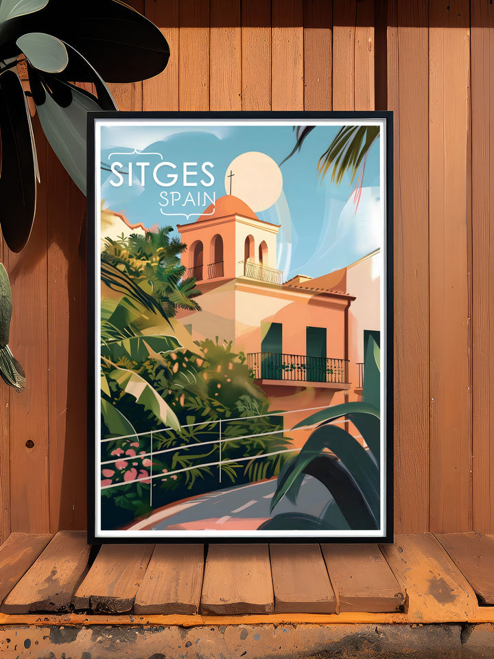 This Sitges travel poster showcases the beauty of the Church of Sant Bartomeu i Santa Tecla, a historic gem on Spains Mediterranean coast. The vibrant colors and detailed architecture make it a must have for anyone who appreciates Spanish culture and seaside towns.