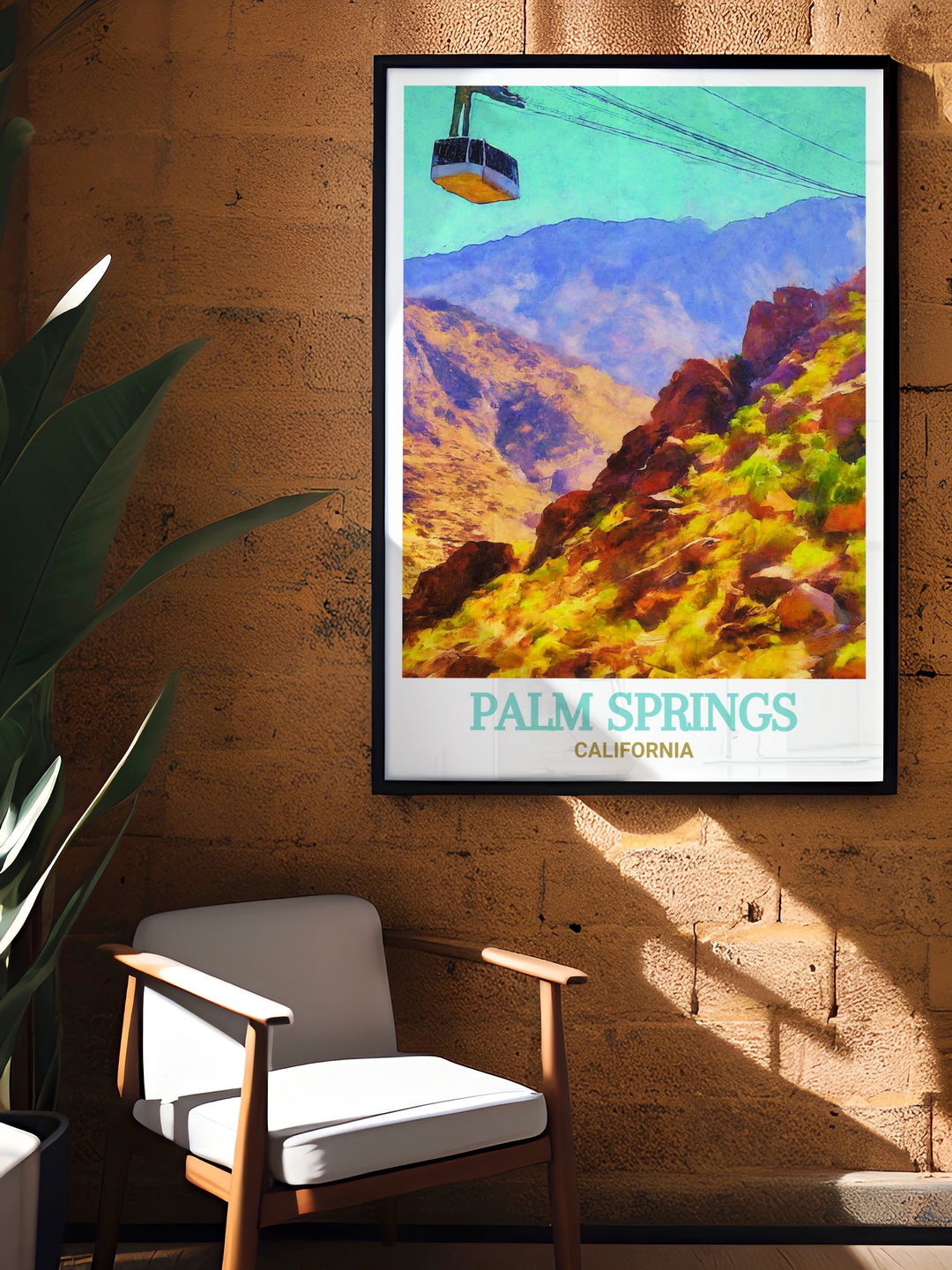 Yellow Hotel art print showcasing the iconic hotel and breathtaking views of Palm Springs Aerial Tramway. This fine line print highlights the unique charm and colorful ambiance of Palm Springs, bringing a touch of mid century modern design into your home decor.