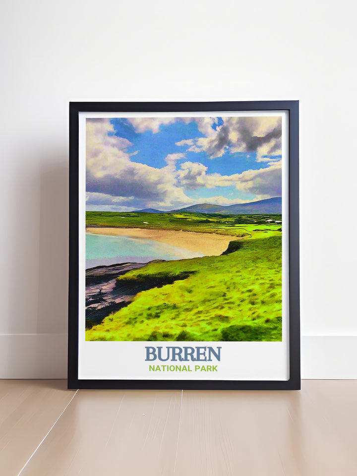 A captivating poster of Fanore Beach along Irelands Wild Atlantic Way, depicting the tranquil beachscape with its expansive dunes and serene ocean views. Perfect for coastal decor lovers, this print adds a touch of Irish seaside beauty to any room.