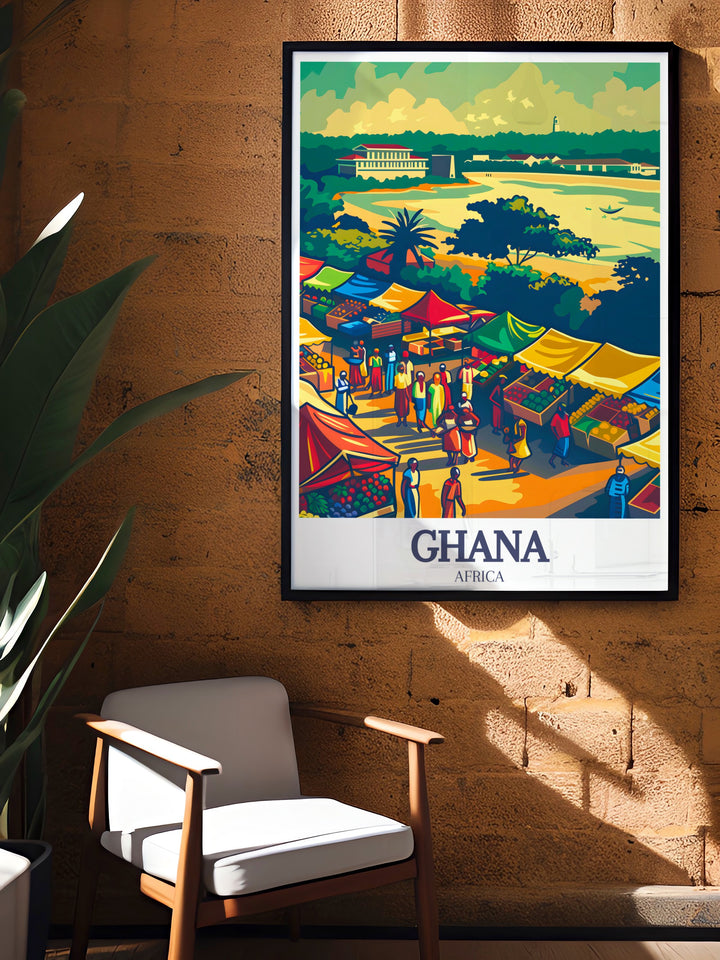 Elevate your living space with this Makola Market wall art, which showcases one of Accras most famous landmarks. The bright colors and detailed illustration make this a standout piece for anyone interested in African culture or travel.