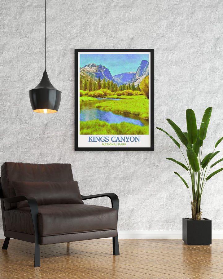 Zumwalt Meadow travel print showcasing the dramatic cliffs and lush vegetation of Kings Canyon National Park. This poster is ideal for those who want to bring a piece of the great outdoors into their living space.