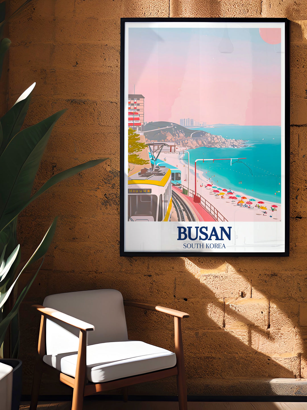 Haeundae Beach and the Haeundae Beach Train captured in beautiful Busan wall art bringing South Koreas coastal beauty into your living room perfect for travel enthusiasts and lovers of elegant home decor.