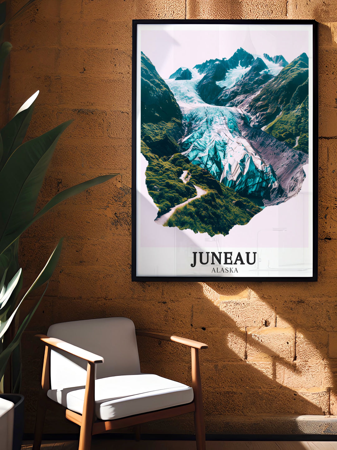 Juneau travel print featuring the Mendenhall Glacier, a symbol of Alaskas untamed wilderness. This artwork evokes the majestic serenity of the landscape and is a great piece for anyone looking to bring a bit of adventure into their living space.