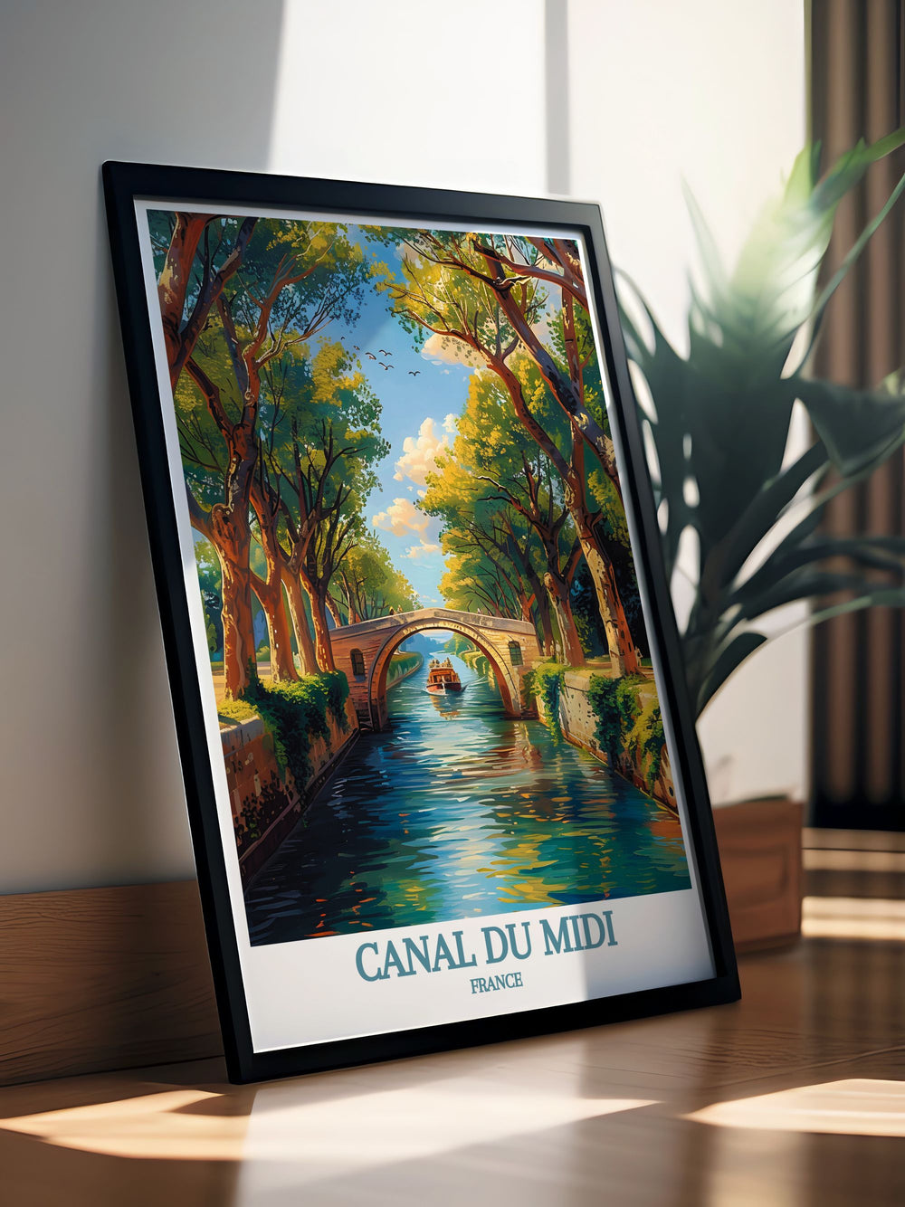 Stunning Canal du Midi poster featuring the charming towns of Beziers and Carcassonne ideal for home decor