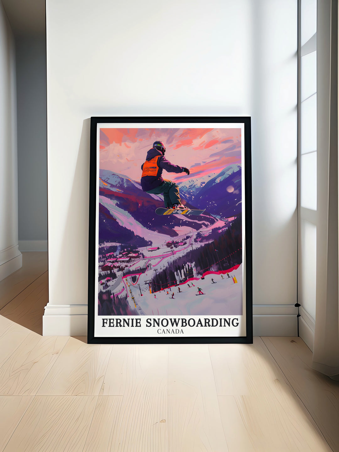 A retro Fernie travel poster depicting the renowned ski resort nestled in the Lizard Range. This framed art piece celebrates the unique combination of thrilling sports and breathtaking scenery that Fernie offers.