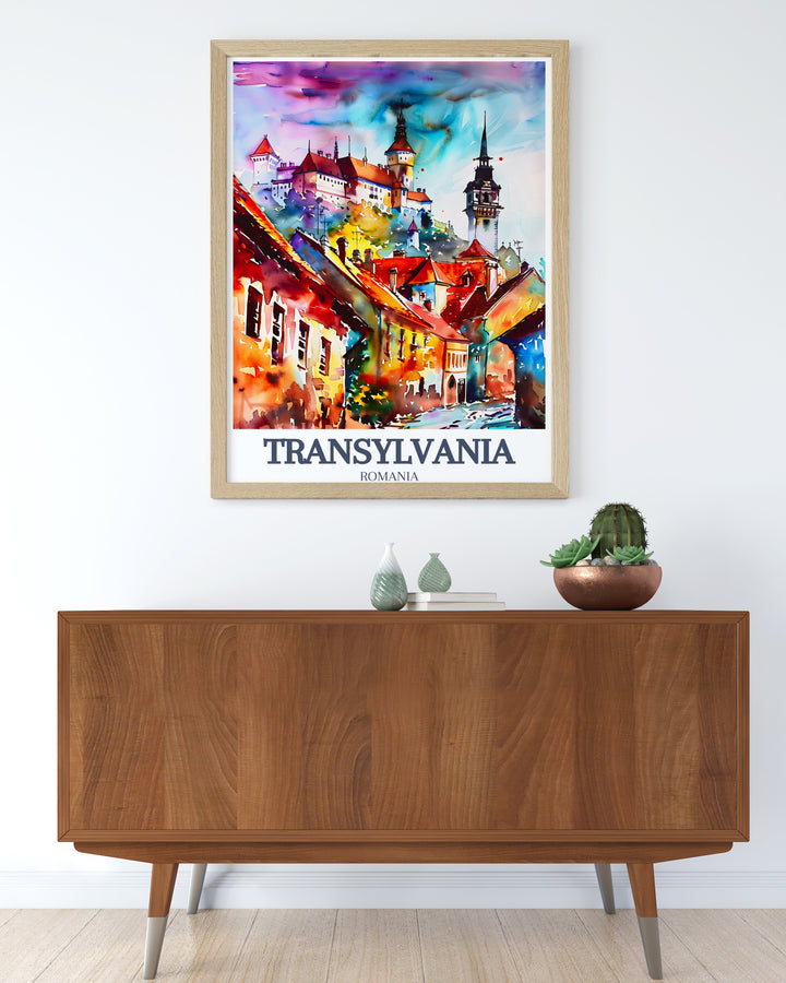 This Transylvania travel poster captures the haunting beauty of Bran Castle, often known as Draculas Castle, along with the medieval charm of Sighișoara Citadel. Ideal for fans of Gothic architecture and Romanian legends, this framed print brings the mystique of Romania into your home.